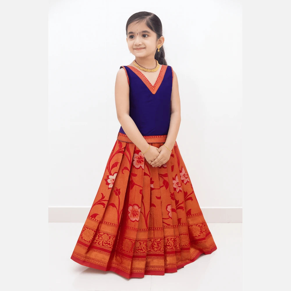 Kids Navy Blue Red Traditional Pattupavadai PPP1844